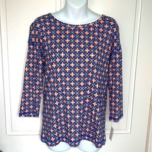NWT Talbots Geo Print Lattice Back Tee S Blue White Orange Diamond Print